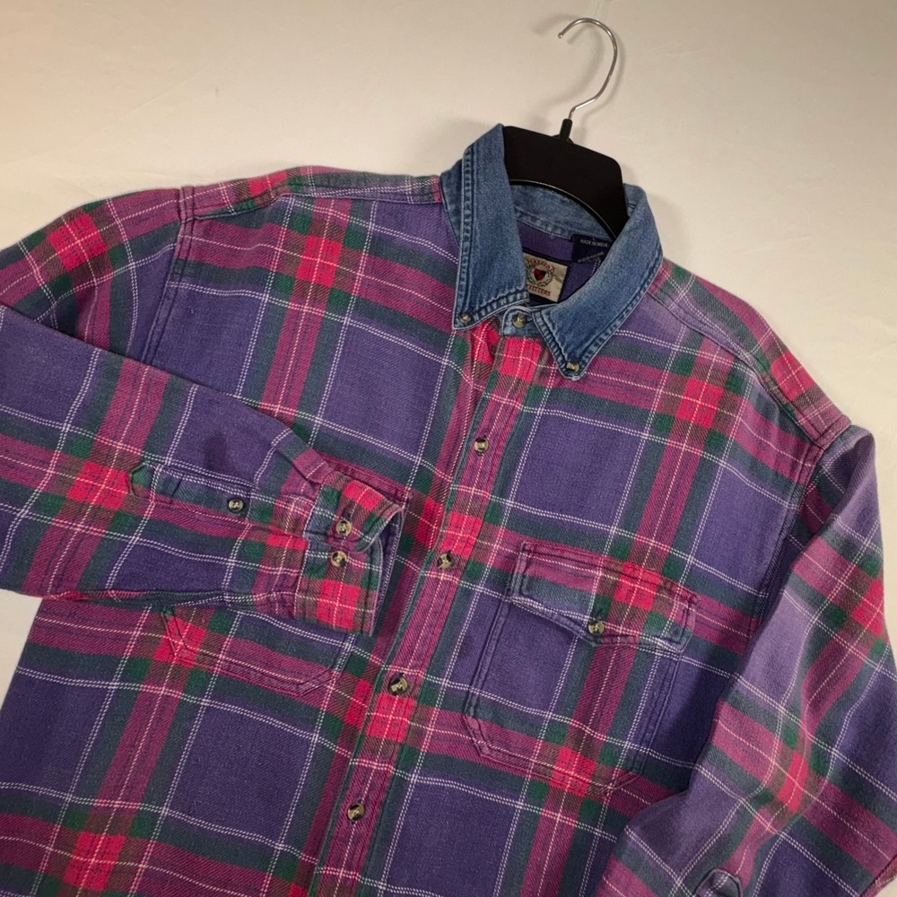 Halifax Outfitters Mens Plaid Flannel Shirt Purple Pink Denim Collar Large
